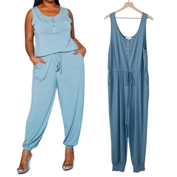 New! Gilli Ribbed Knit Button Front Henley Drawstring Jersey Jumpsuit - Picture 1 of 15